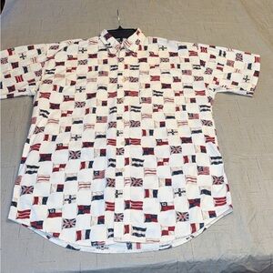 Vintage Chaps Ralph Lauren Men's White and Red Flag Print Shirt